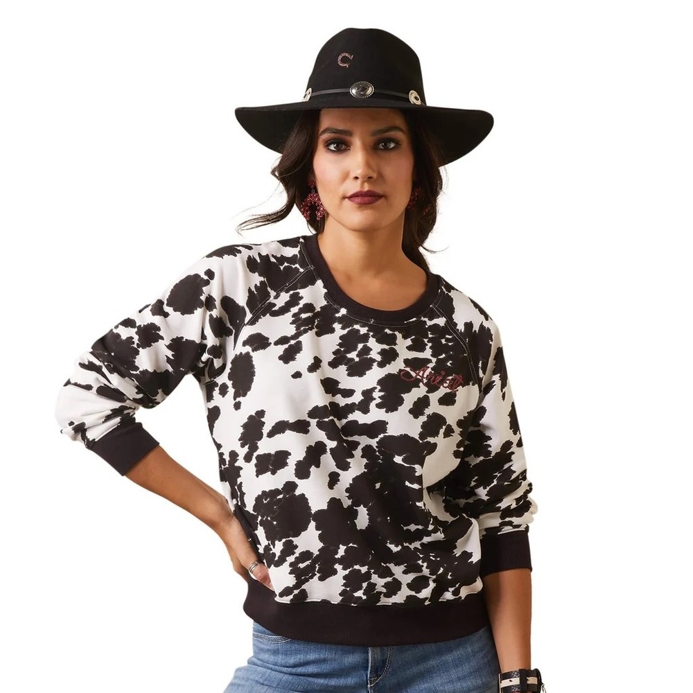 Ariat Holstein Cow Print Embroidered Spellout Crew Neck Sweatshirt Womens Size M